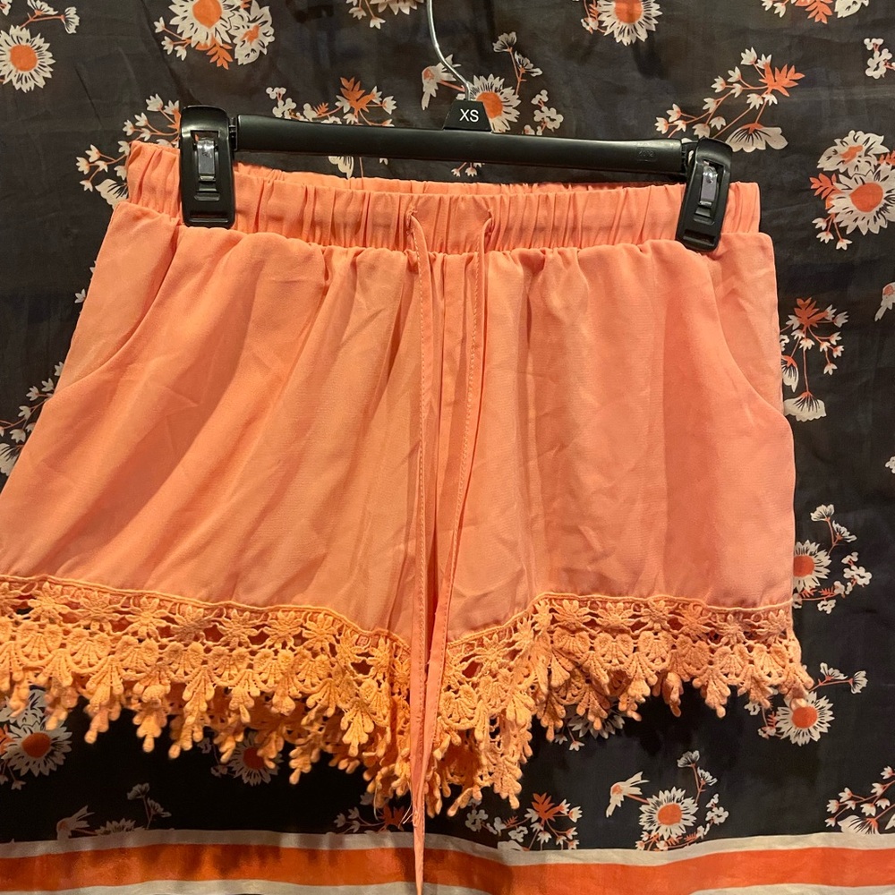 Mine Coral High Waist Lace Trim Shorts
